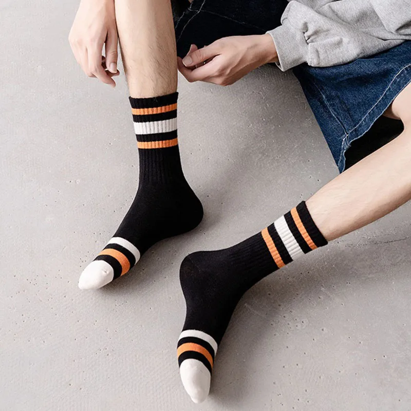 5 Pairs Men Autumn And Winter Striped Sports Socks Comfortable Breathable Wear-resistant Warm Polyester Cotton Mid Tube Socks 9 S65988daf4d884f988a56c24d9f041cc25