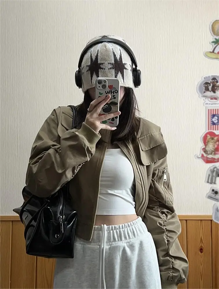 Y2k Vintage Cropped Bomber Jacket Women | Korean Street Clothing 
