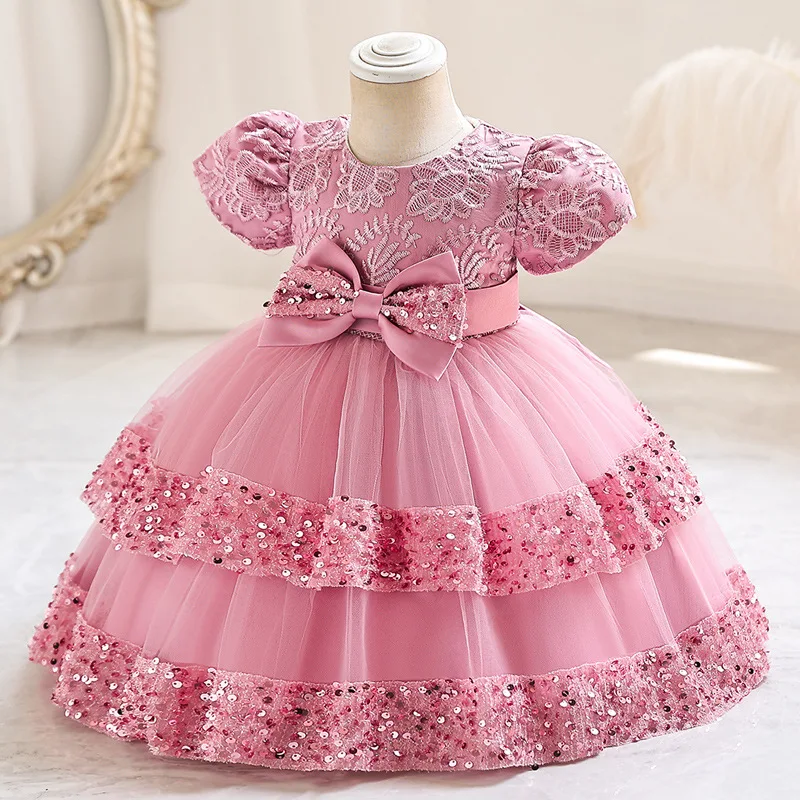 Baby Girls Evening Dress Fashion Bow Mesh Princess Dresses Piano Competition Costume Clothes Children Birthday Party Gifts 2024