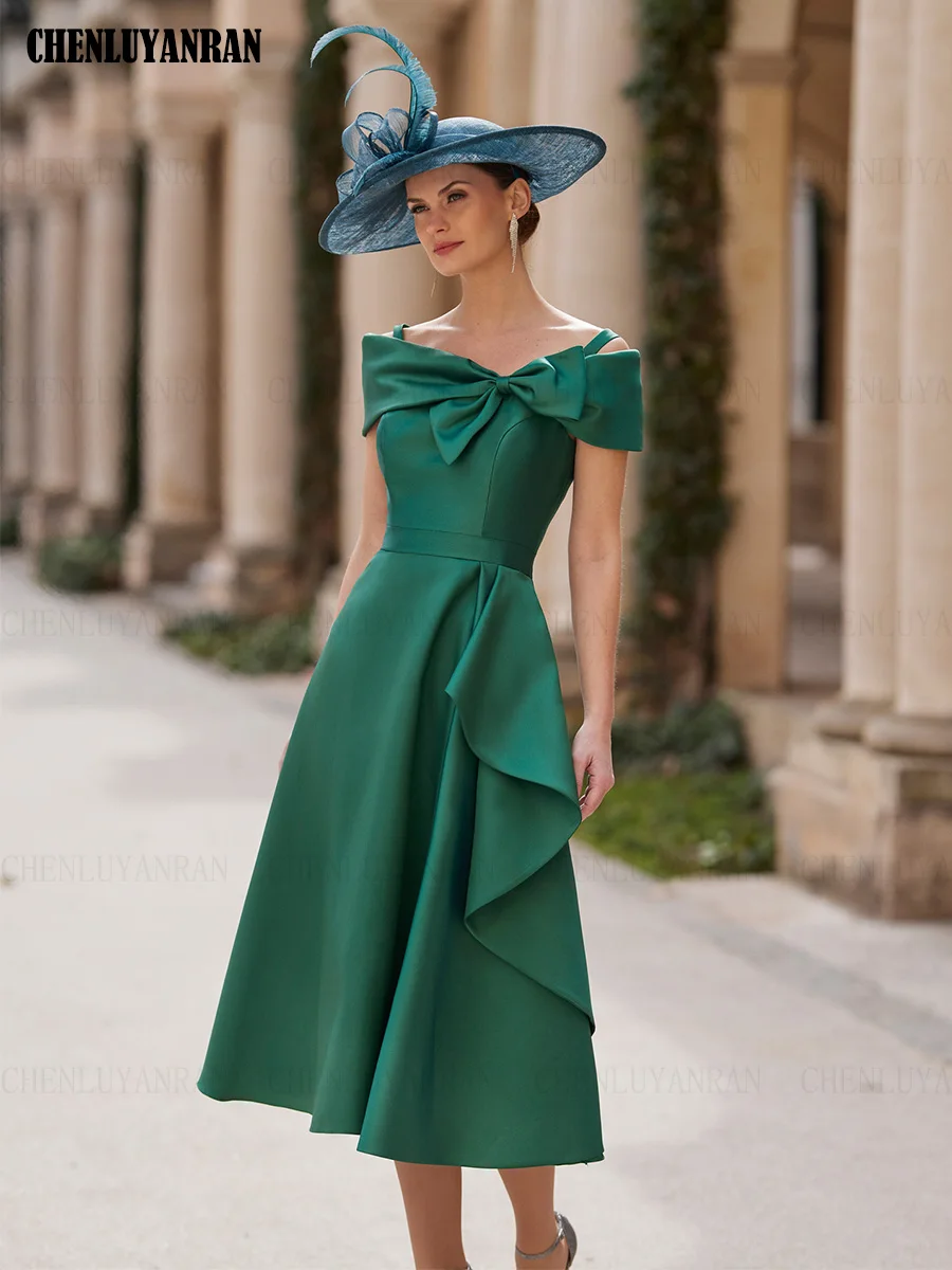 

Элегантные платья для матери невесты 2023 A-силуэт с открытыми плечами Свадебные платья для гостей атласное плиссированное платье с бантом женское для свадьбы