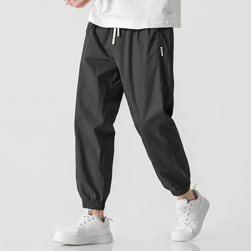 High Street Trend Men Spring Fashion Work Pants Loose Bound Feet Thin Style Solid Color Elastic Waist Large Size Casual Trousers