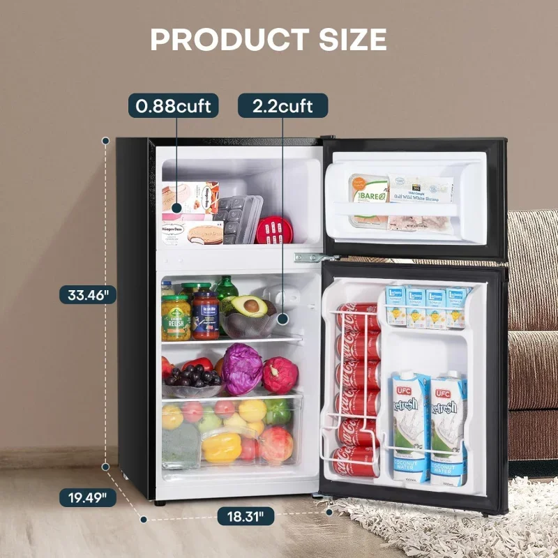 Qwupstreman 3.1 cu. ft mini fridge with freezer,double door mini fridge,adjustable thermostat,energy saving,mini fridge for of 2