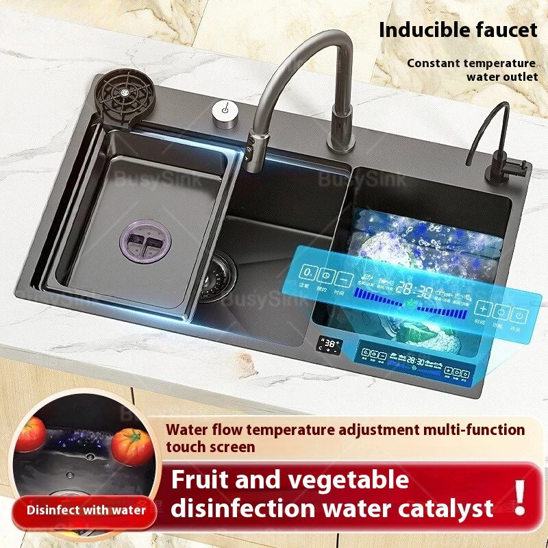 Water Catalyst Stainless Steel Kitchen Sink Multifunctional Smart Double slot Cleaning Ingredients Dishes Kitchen Sink