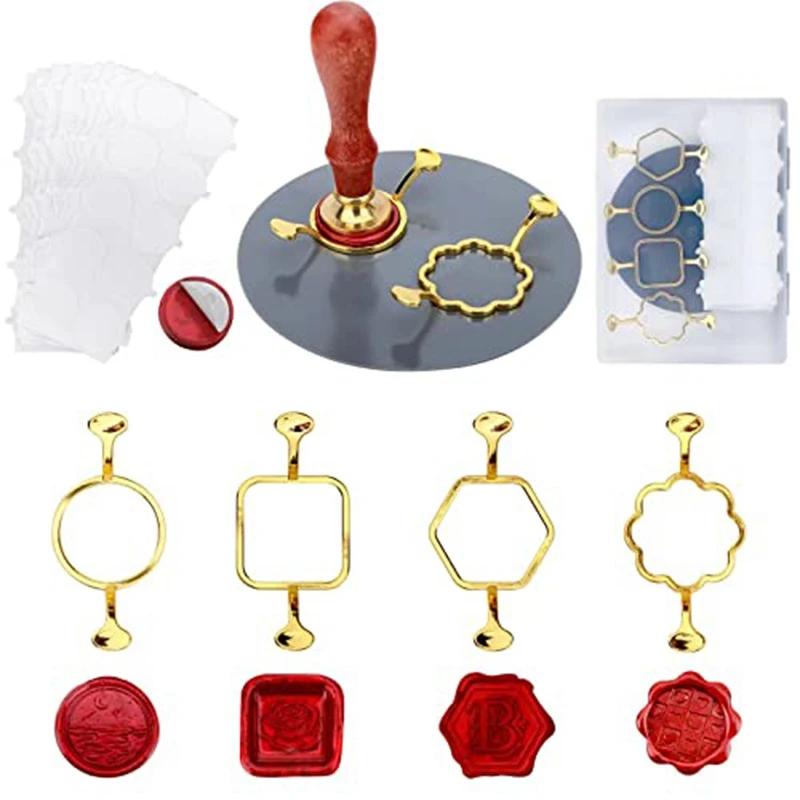 

4 PC Metal Wax Seal Kit Wax Seal Molds With Round Flower Square Hexagonal Mold Shapes ,Wax Seal Mat With 100Pc Sticky Dot