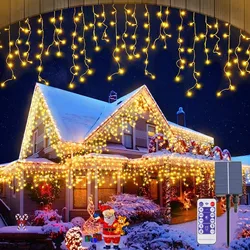 LED Solar Icicle String Lights Waterproof Christmas Decoration Curtain String Lights for Bedroom Patio Yard Garden Wedding Party