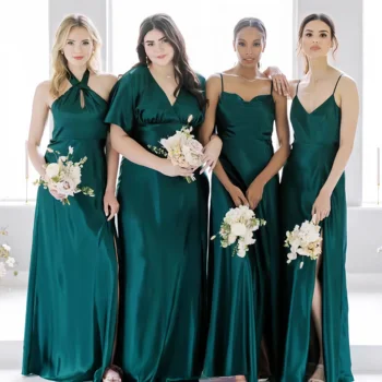 Ink blue Satin Bridesmaid Dress High Side Slit Wedding Guest Prom Evening Banquet Bridal Shower and Casual Formal Occasions