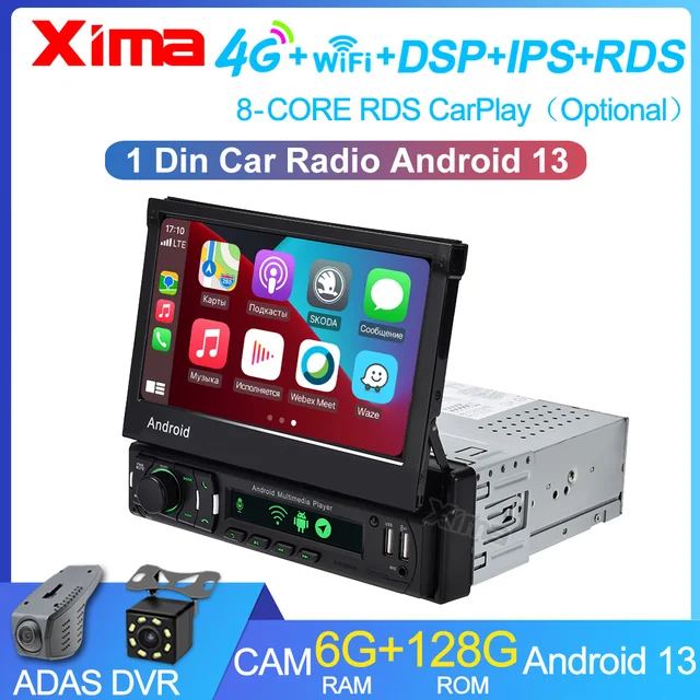 Universal 7" IPS Retractable Screen 1 din Car Radio Android Carplay Auto gps Navigation 1Din Android 11 Multimedia Video Player