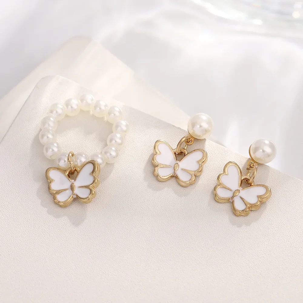 Jewelry Sets 4pcs/Set Butterfly Pendant Imitation Pearl Necklace Bracelet Earring Set For Women Girls