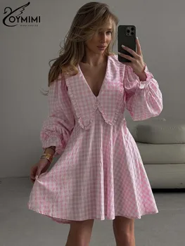 Oymimi Elegant Pink Print Womens Dresses Fashion Peter Pan Collar Long Sleeve Dresses Casual Loose Mini Dress Female Streetwear 1