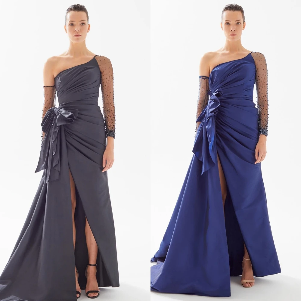 

Yipeisha Fashion High Quality One-shoulder A-line Beading Bows Tulle Draped Shirred Charmeuse Prom Dresses