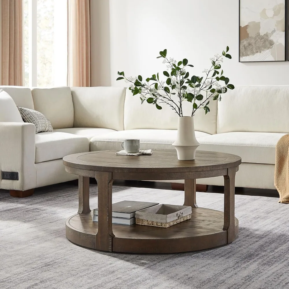 40" Round Coffee Table for Living Room, 2 Tier Traditional Round Circle Wooden Center Coffee Table, Café Tables 5