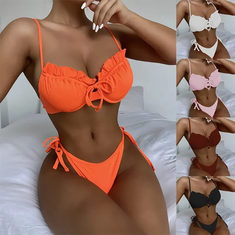 

New Bikini Solid Color Swimsuit Europe and The United States Swimsuit Women Steel Swimsuit Lotus Lace