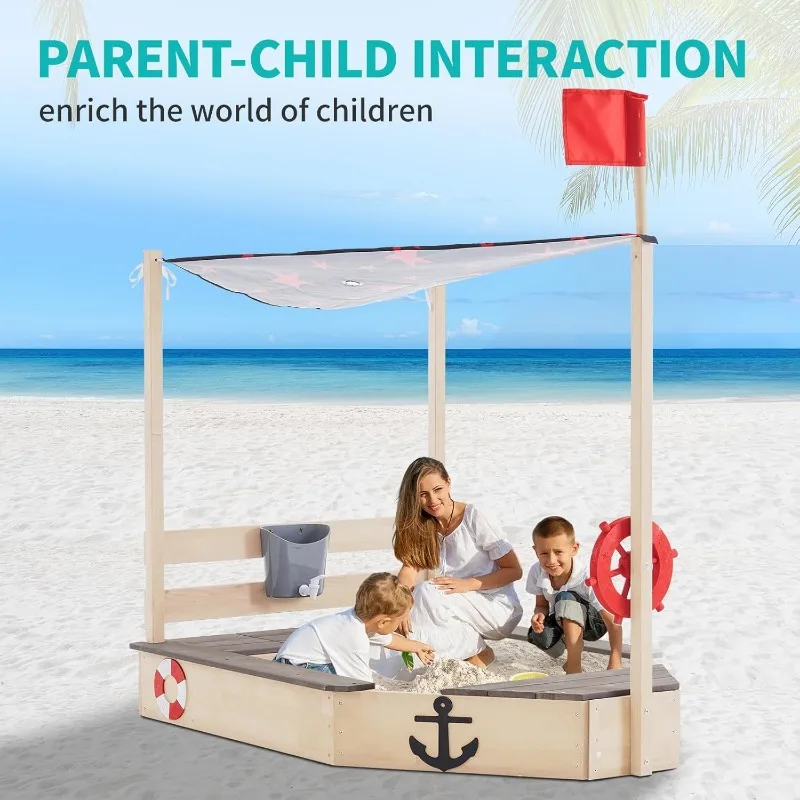 Sandbox with Cover Wooden Sandbox with Storage Bench Seat Sink Outdoor SandBox for Backyard Garden Sand Boxes Sandpit Light Wood 5