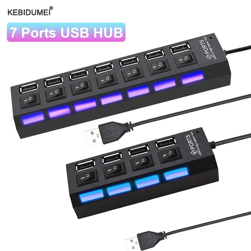 

USB 2.0 Hub Multi USB Splitter Ports Hub Use Power Adapter 4/ 7 Port Multiple Expander Hub with Switch 30CM Cable For Home