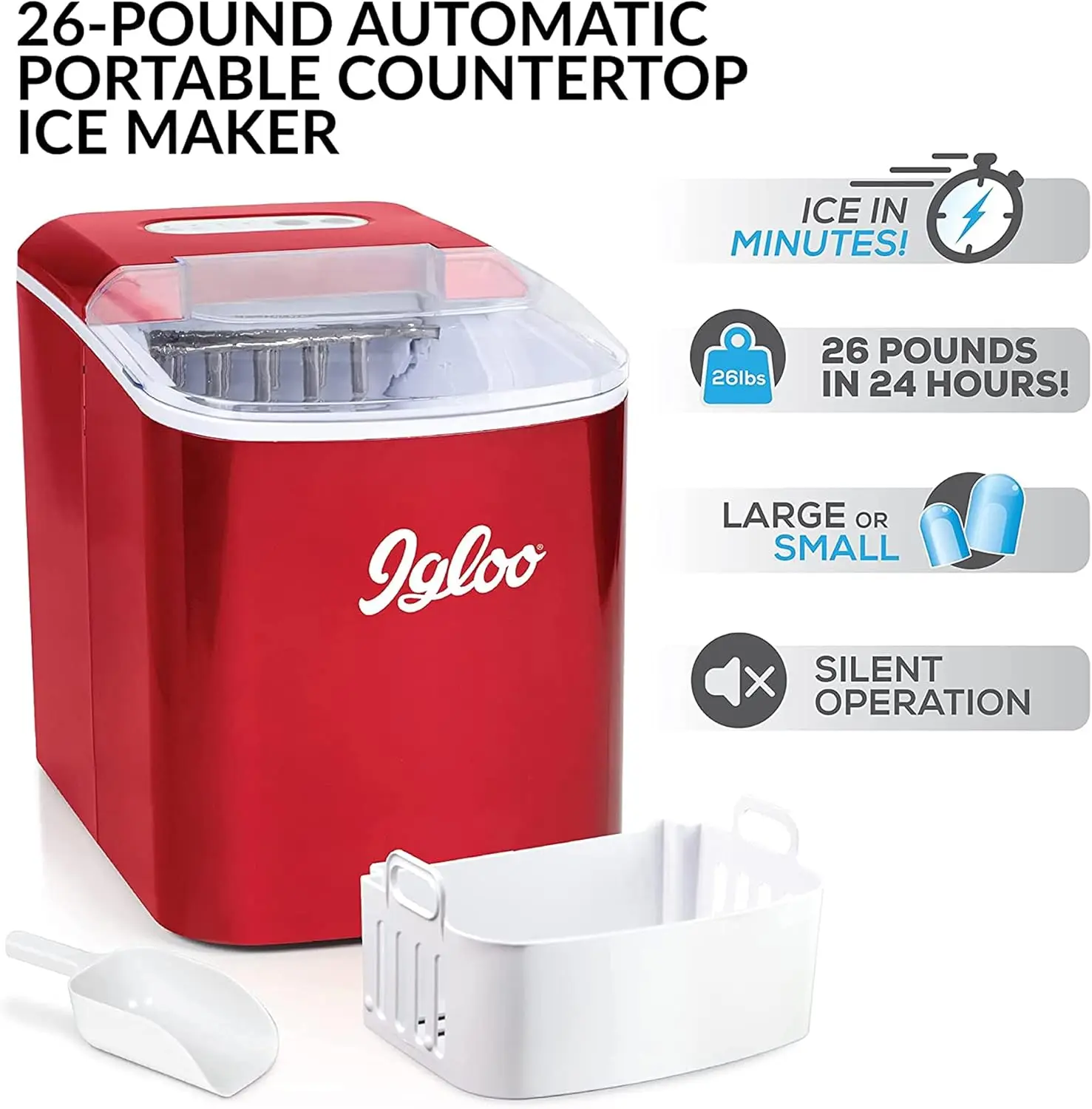 26-lb Automatic Electric Countertop Ice Maker-9 Cubes in 7 Mins, With Scoop and Basket