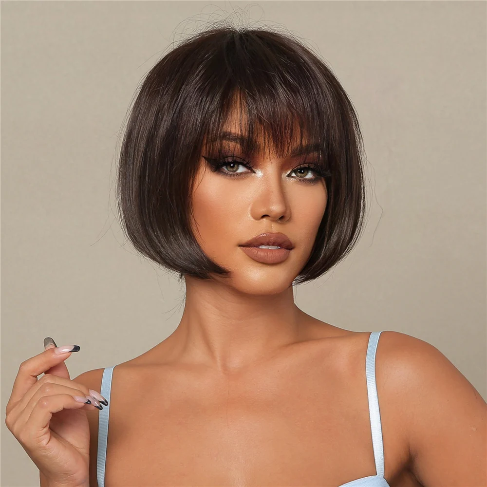 Cute Bob Synthetic Blend Human Hair Wigs Dark Brown Hair Wig Short Straight Heat Resistant Wig with Bang Natural Daily Use images - 6