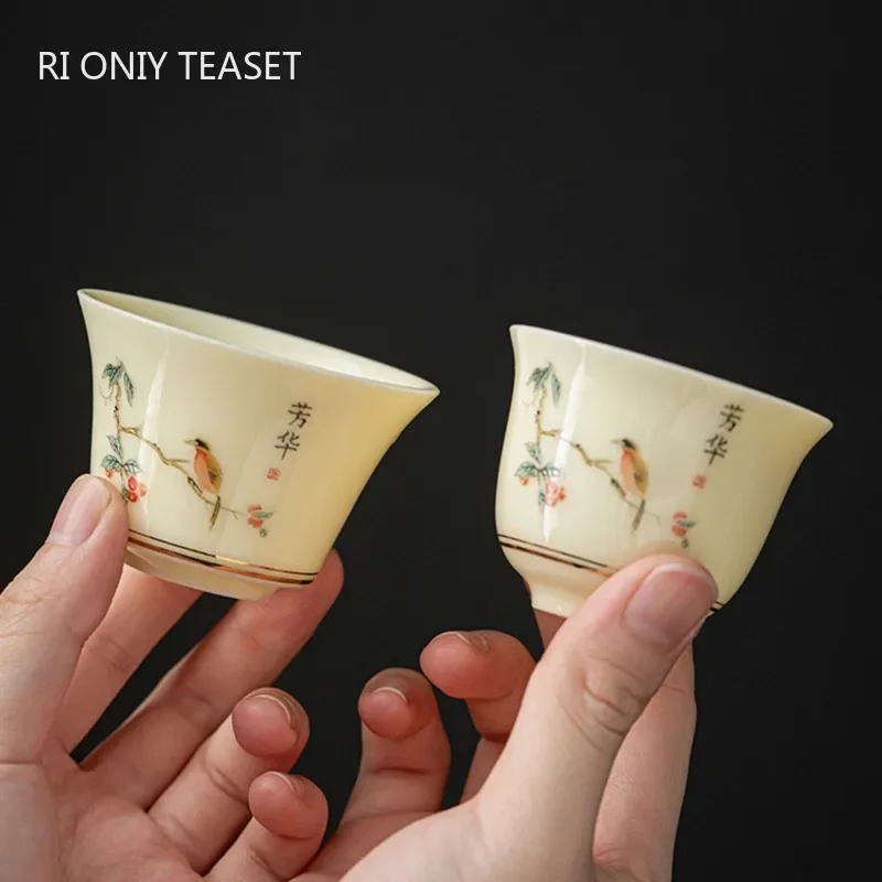 1 Pc Chinese Ceramic Tea Cup Handmade Flower and Bird Pattern Teacup Porcelain Tea Bowl Travel Master Cup Household Teaware