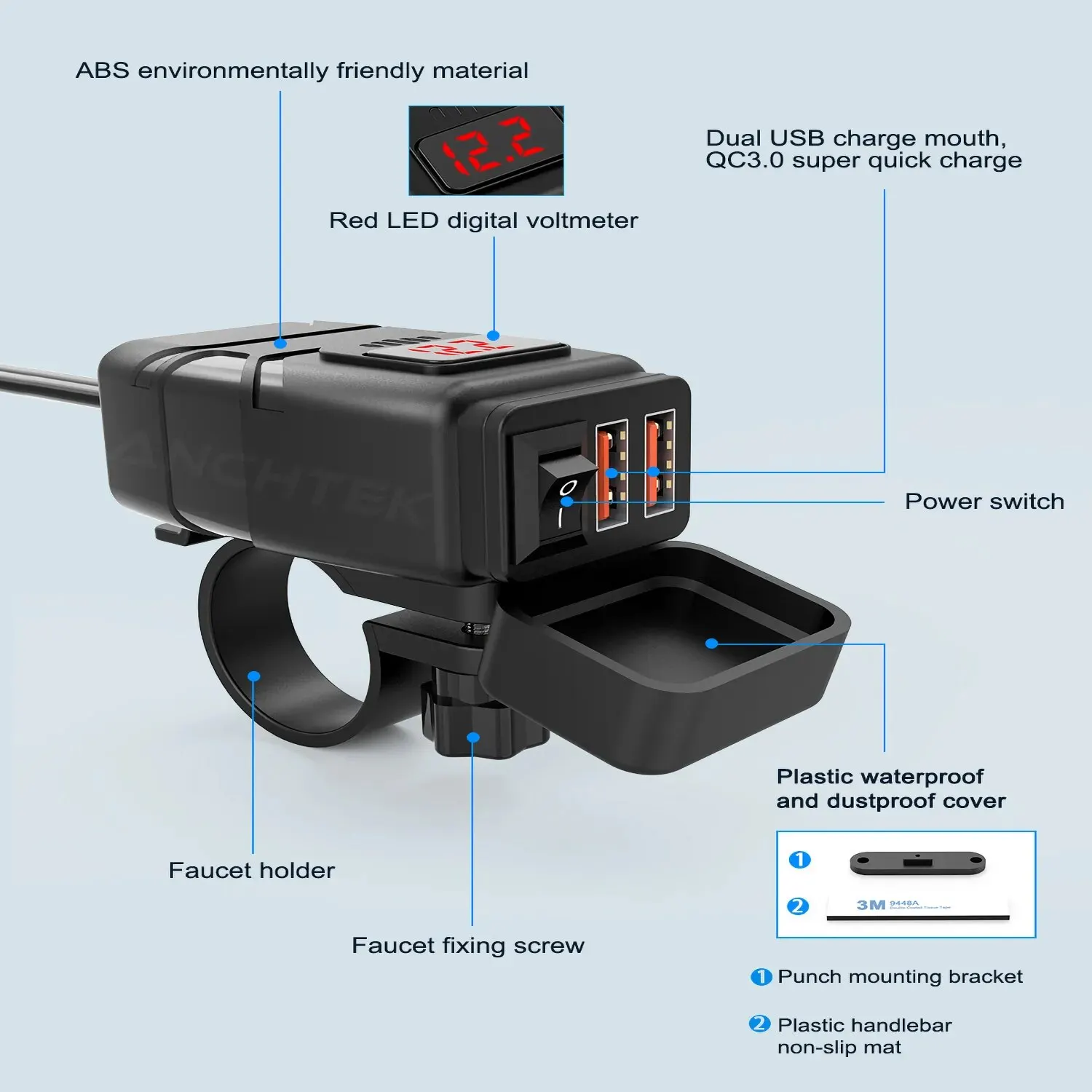 Universal Motorcycle USB Charger QC3.0 Handlebar Fast Charging Waterproof  12V Socket Adapter With Voltmeter Motorcycle Tools - AliExpress