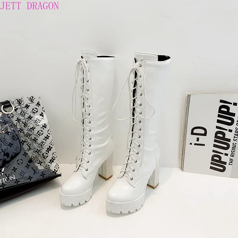 Women Black White High Heels Knee High Boots Ladies Autumn Winter Modern Platform Long Boots Shoes Bottes Plateforme Femme