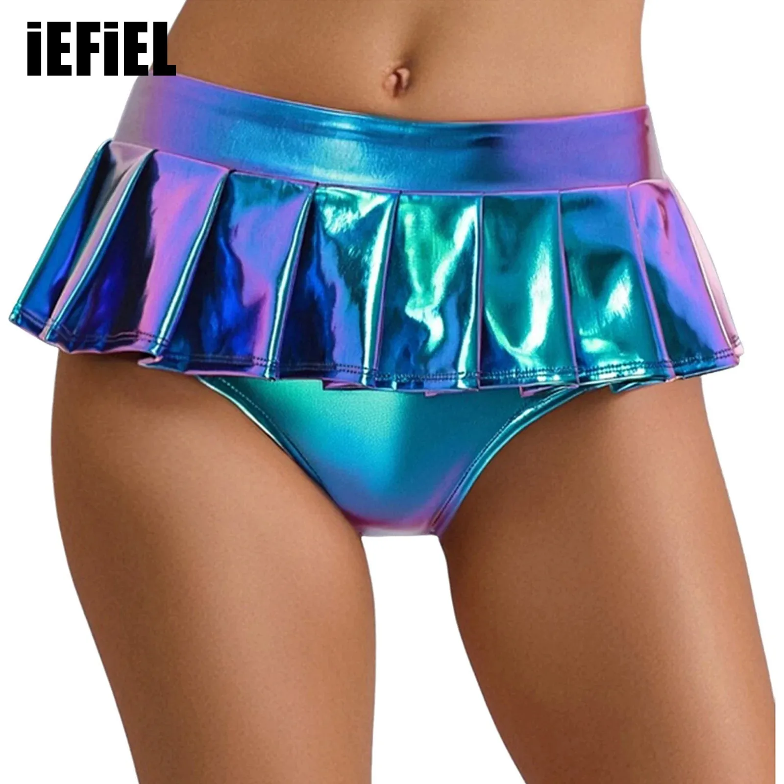 Womens Metallic Shiny Mini Skirt Pleated Skirted Underwear