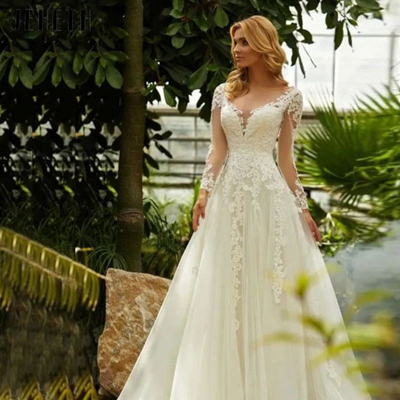 

JEHETH Vintage A-Line V-Neck Wedding Dress 2023 Elegant Long Sleeves Appliques Lace Bridal Gowns Illusion Back Vestidos De Novia
