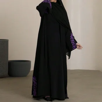Middle Eastern Loose Embroidery Abaya Full Sleeve Open Front Abayas Arabian Kaftan Maxi Dresses Women Jilbabs Without Hijab
