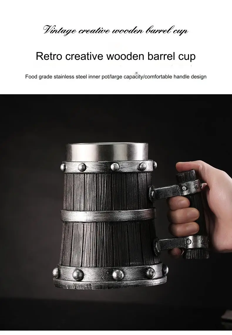 Description Picture 2 of itemOriginal Viking Drinkware  German Large Wooden Botella de agua Stainless Steel Barrel Coffee mug Wine Water bottle tazas de café