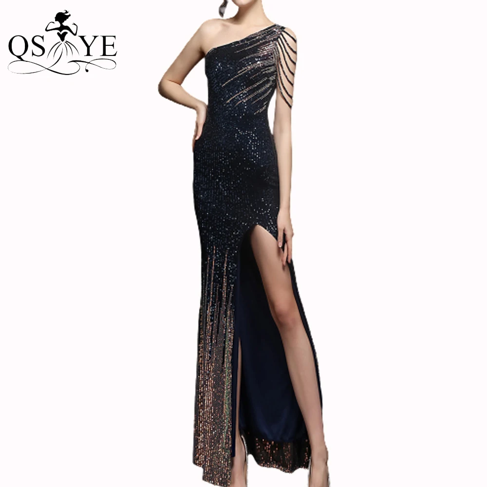

Блестящие темно-синие платья для выпускного вечера на бретельках с бисером, женское привлекательное кружевное шикарное официальное платье с разрезом и открытым плечом для вечеринки