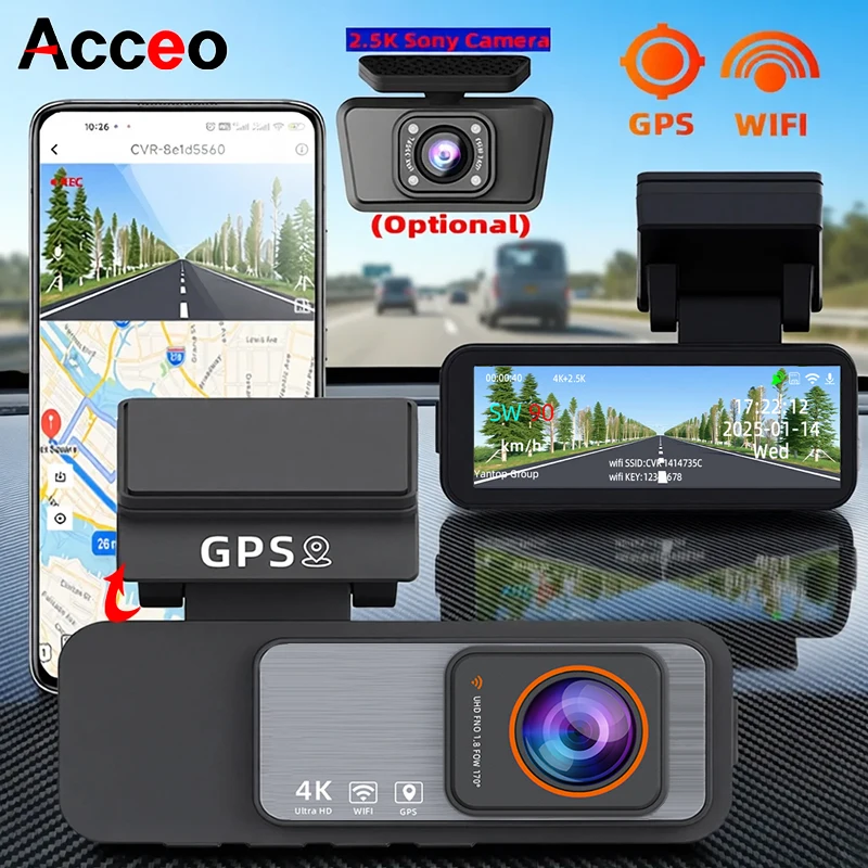 ACCEO 4K 차량용 블랙박스 야간 시야 기능 내장 Wi-Fi GPS 옵션 2.5K 후방 카메라 듀얼 렌즈 24시간 주차 영상 녹화기