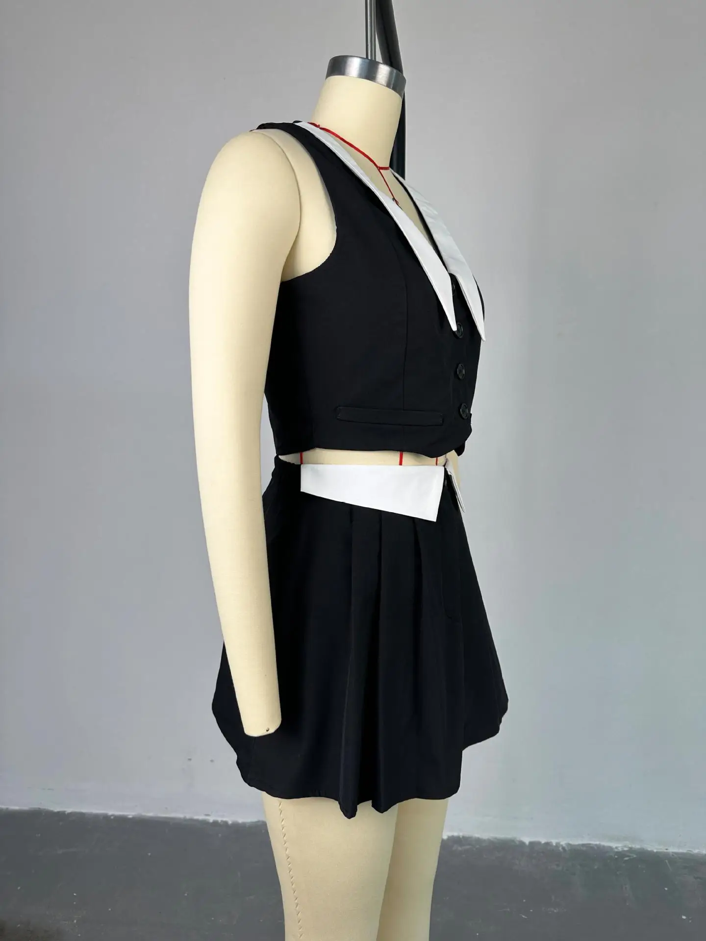 Summer Sexy 2 Piece-Set Skirt Female 2025 V-Neck Sleeveless Vestidos And High Waist Pleated Skirts Sets Women's Clothes