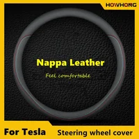 Nappa Leather Car Steering Wheel Cover For Tesla Model 3 Y S X 2019 - 2025 4 Seasons 36-38 CM Black Auto Interior Accessories 2