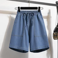 Plus Size Denim Shorts For Women Summer 2024 New Half Length Wide Leg Blue Drawstring Jeans High Elastic Wasit Shorts Hot Sale - Image 3