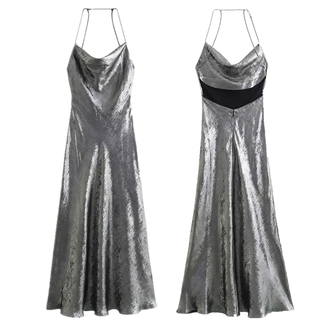 

Withered Retro Punk Style Silver MIdi Dress Women Satin Sexy Party Dress Women Fashion Ladies Strapless Backless