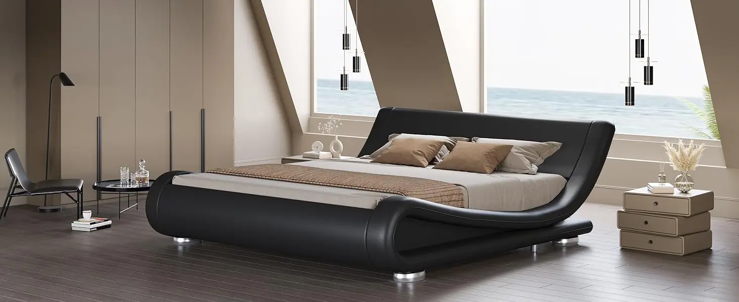 Description Picture 2 of itemSHA CERLIN King Upholstered Bed Frame, Low Profile Sleigh Bed, Faux Leather Headboard, No Box Spring Needed, Easy Assembly,Black