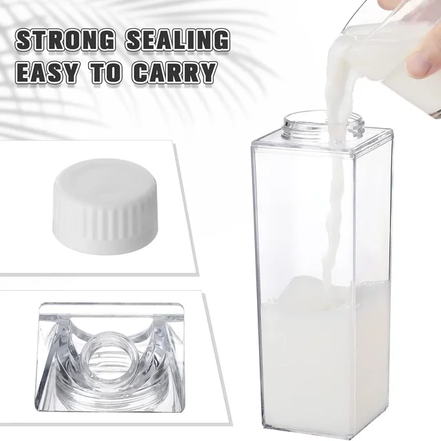 2pcs Milk Carton Water Bottle Transparent Plastic Square Milk Orange Juice Tea Container Box Sport Cup for Sports Travel Camping 5