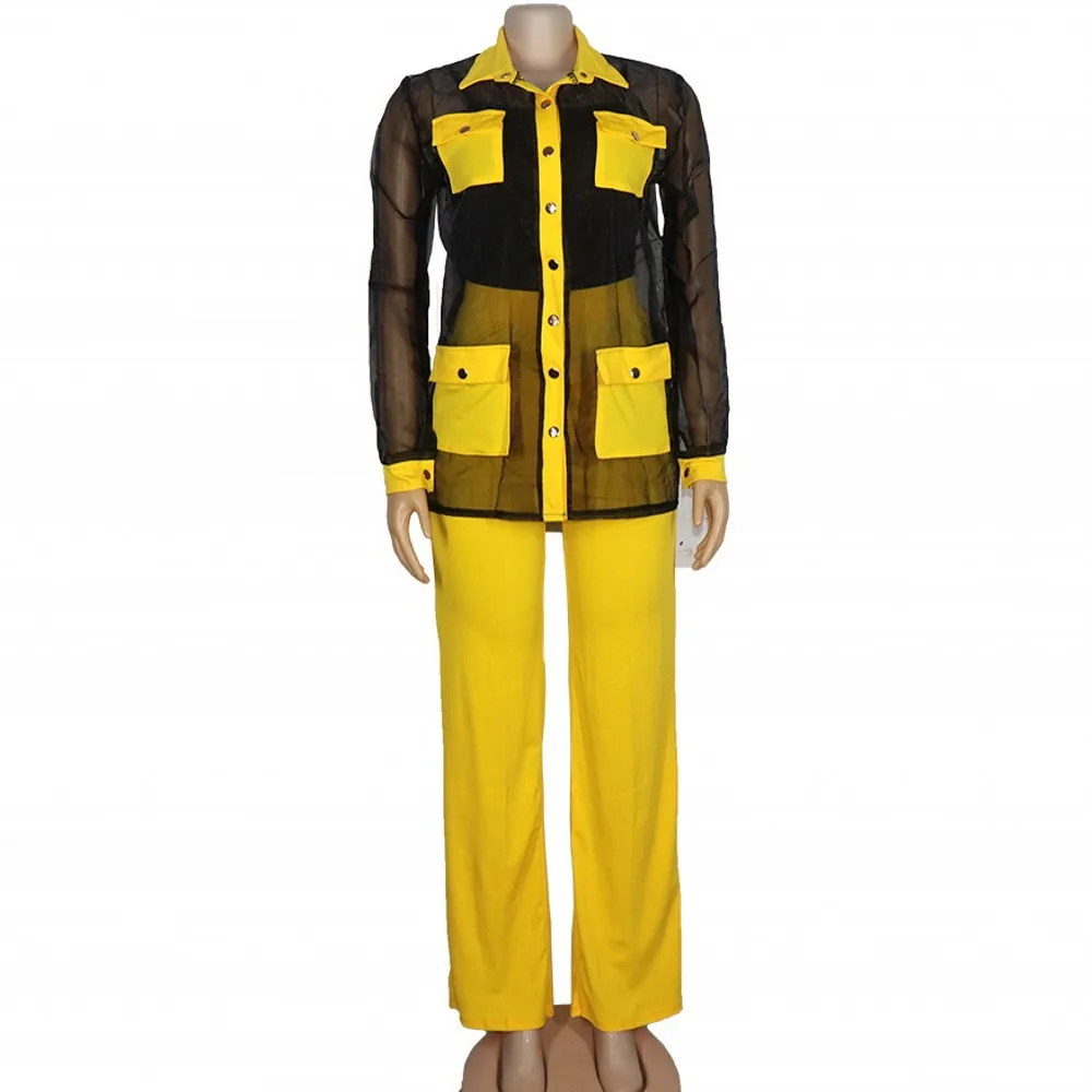 Three Piece Solid Color Trousers Casual Suit African Women's Yellow Loose Straight Leg Pants Long Sleeved Shirt Suit Spring 2022