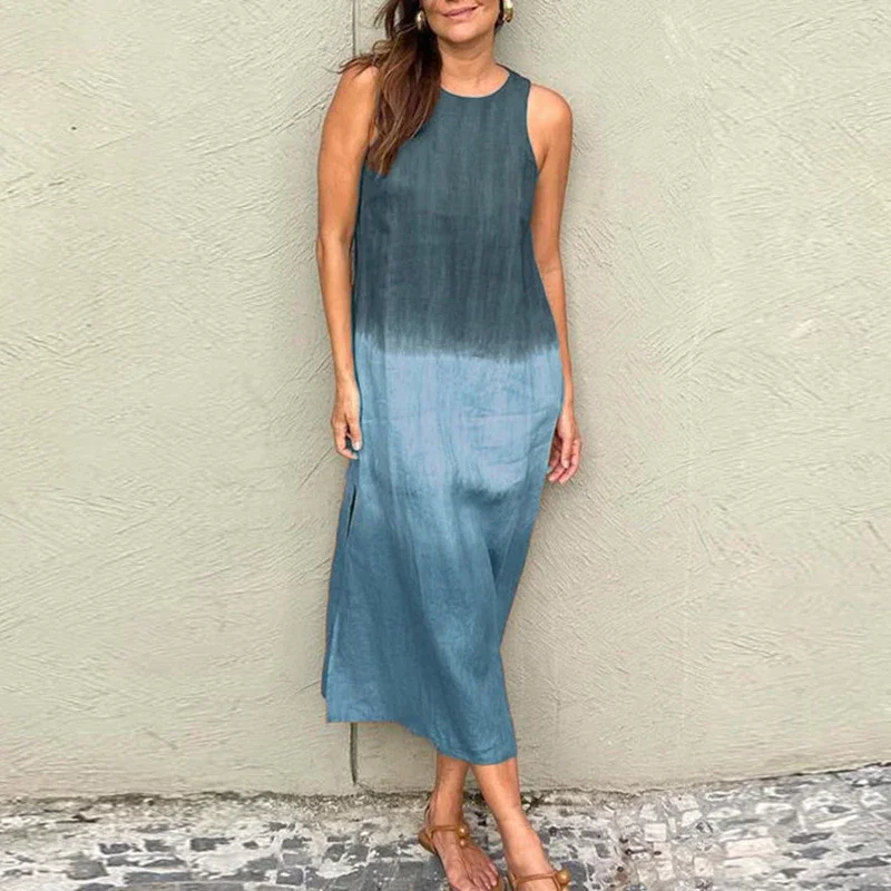 

Elegant O-Neck Straight Office Dress 2024 Women Side Split Beach Pullover Dress Casual Summer Sleeveless Gradient Long Dress