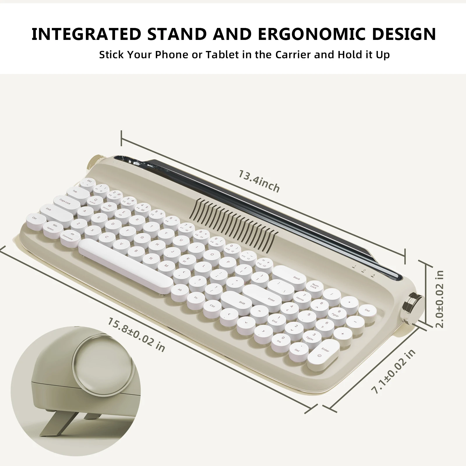 Yunzii-teclado Retro sem Fios de Máquina de Escrever Atualizado tipo c Bluetooth Teclas Redondas Stands Integrados Bonito Bege Areia B309 - Imagem 3