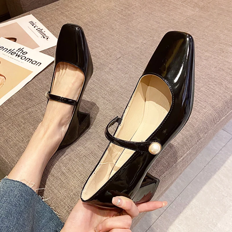 Rimocy Patent Leather Square Heels Pumps Women Pearl Square Toe Med Heel Office Shoes Woman Elegant Slip on Mary Janes Ladies