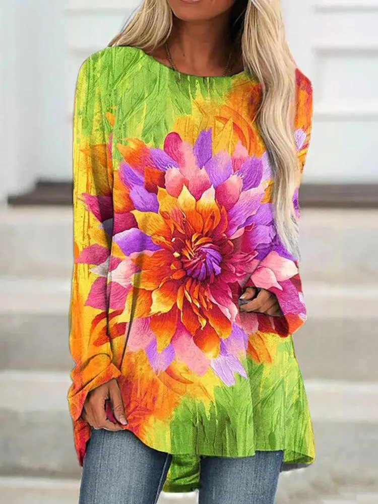 

Women's T-shirt Round Neck Women's Daily 3D Flower Colorful Printing Round Neck Fresh Casual Pullover Fashion Loose Sweatshirt
