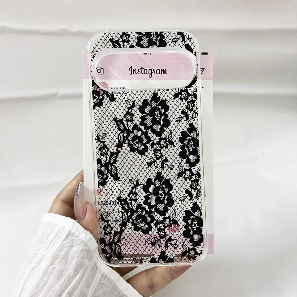 Elegant Black Lace Floral Pattern Clear Soft TPU Protective Phone Case