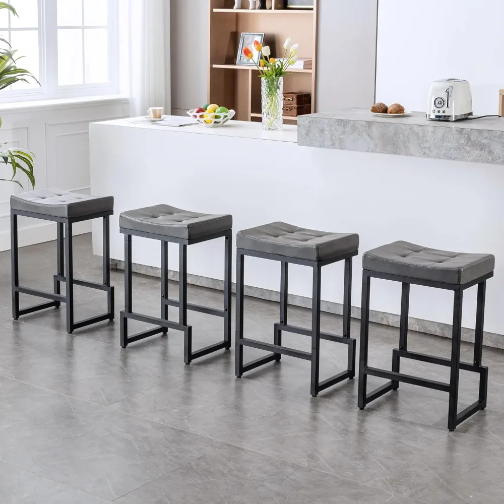

Faux Leather Barstools for Kitchen Island, Backless Saddle Stools with Metal Legs (Grey, 4PCS 24" Counter Stools) Bar Stools