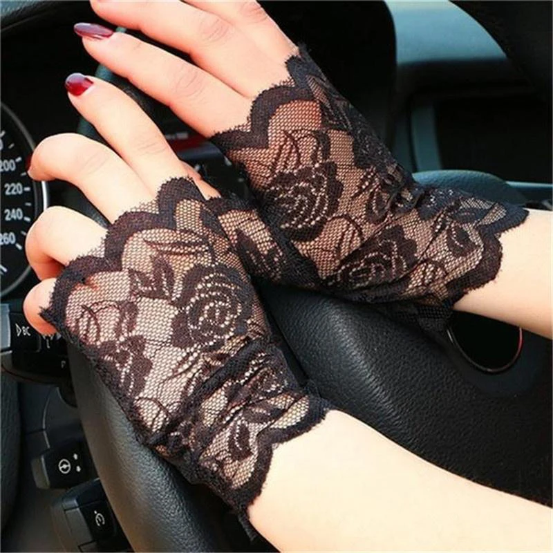 Womens Sexy Dressy Lace Gloves Sunscreen Short Gloves Fingerless Lace Driving Gloves Spring And Summer Mittens Accessories