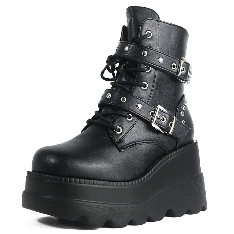 Plus Size 43 Autumn Women Platform Boots Buckle Round Toe Wedges Punk Goth INS Women Street Shoes platform boots