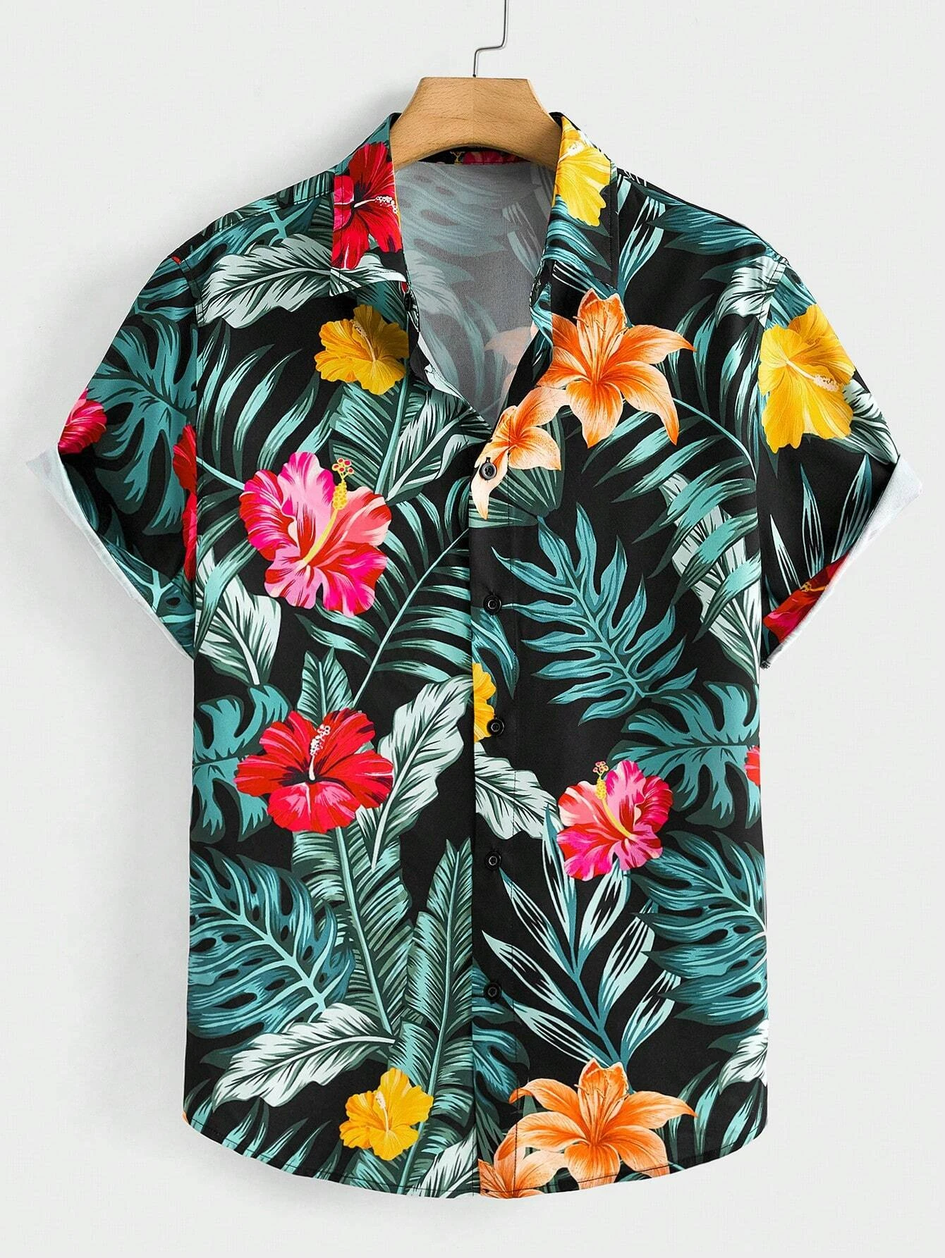 Hawaiian Botanical Flower Print Men's and Women's Short Sleeve Lapel Shirt Seaside Button-Down Shirt Top 5