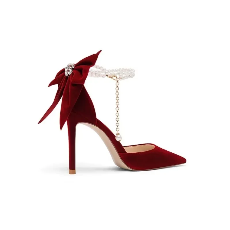 Red Xiuhe Wedding Shoes New Pointy Stiletto High Heels Female Shallow Mouth Bow Pearl One Word Buckle Strap Two Wear Bride Shoes 3