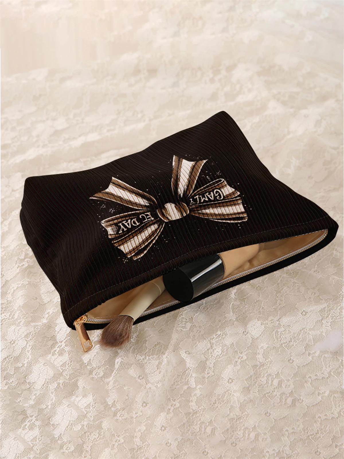 1 butterfly knot patterned corduroy makeup bag, lightweight zipper makeup storage box, multifunctional bag with lining