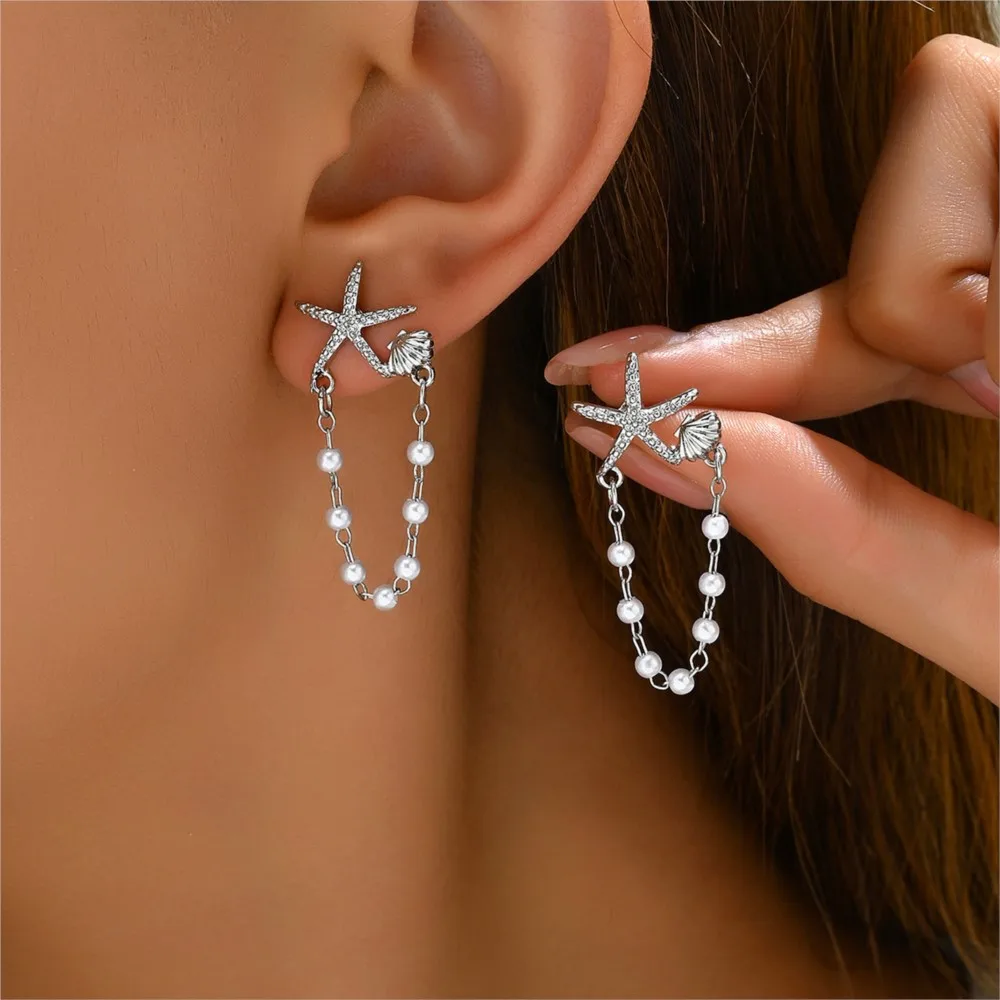 Cute Fashion Starfish Shell Stud Earrings for Women 2025 New Trend Pearl Tassel Earrings Party Jewelry Gifts