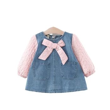 Spring-Autumn Newborn Girls Korean Princess Denim Dress Long Sleeve Bow Cute Birthday Party Formal Outfit Baby Clothing