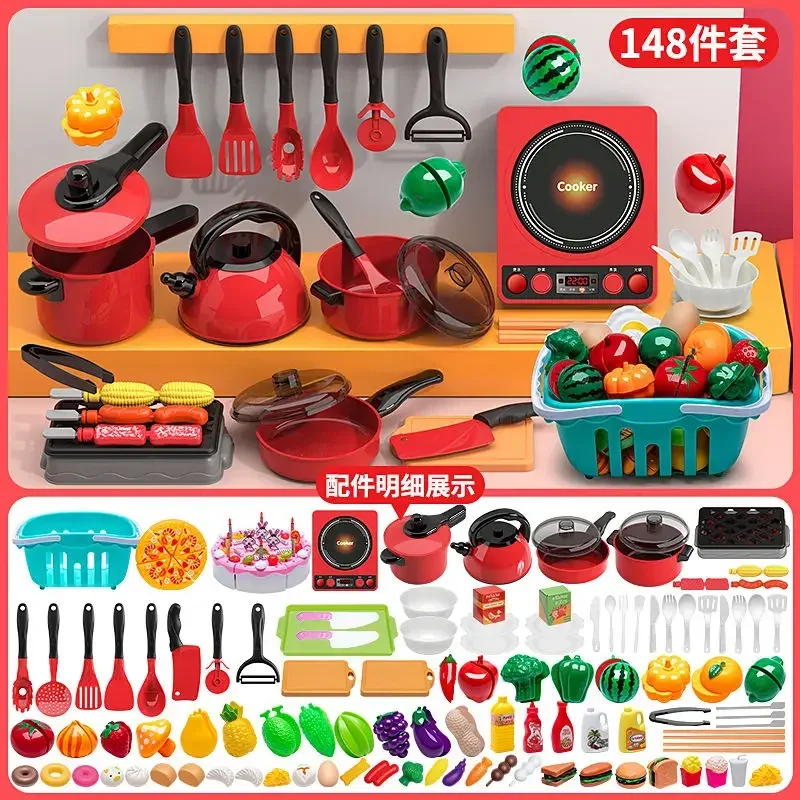 Kids Toys Pretend Play Red Kitchen Toys Simulation Food Cooking Girl's Boys Educational Play House Interactive for Children